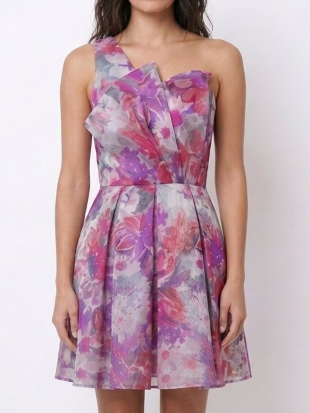 David Meister One Shoulder Floral Silk Cocktail Dress 6 Fit & Flare